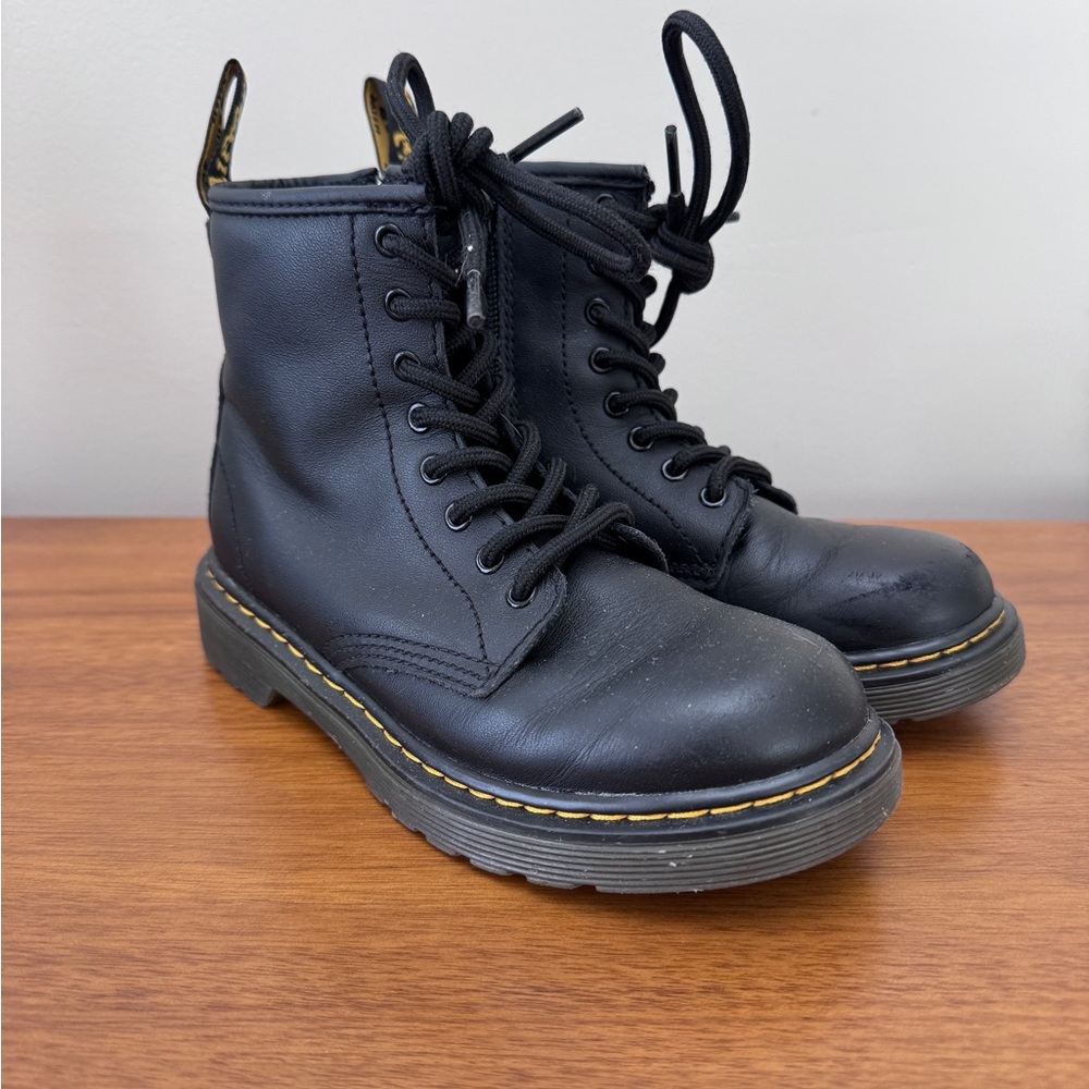 Dr. Martens Kids Black Leather Lace-Up Boots with Yellow Stitching